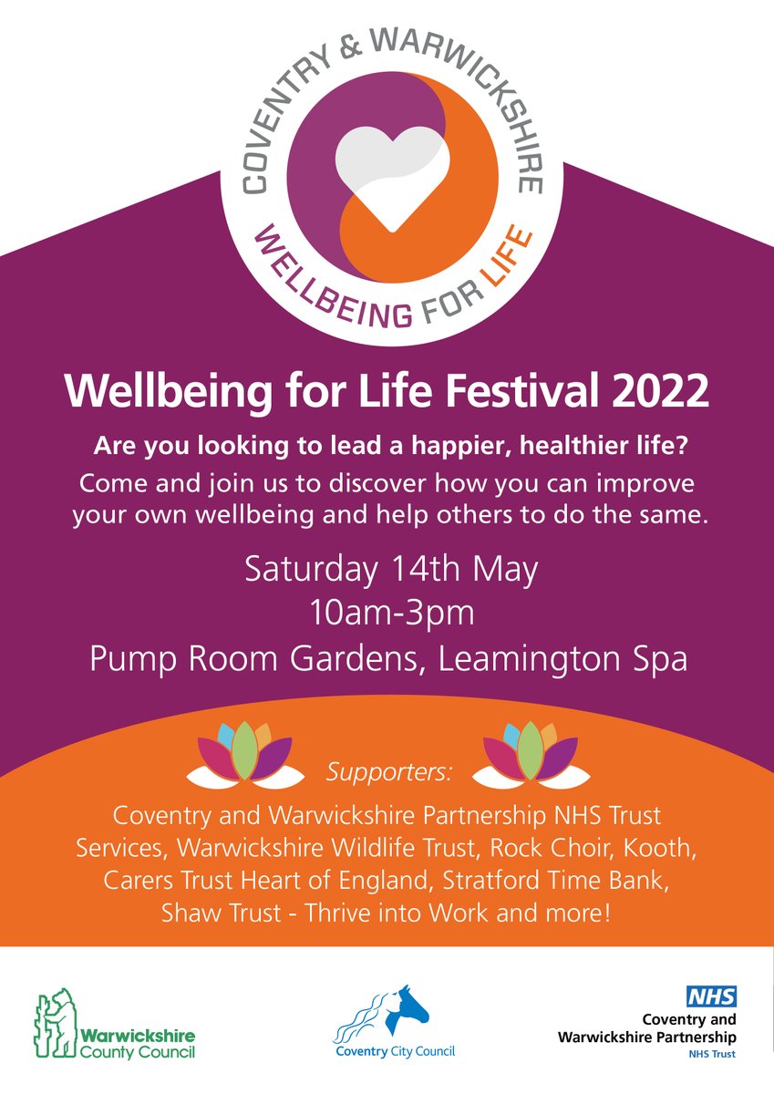 Come to the Pump Room Gardens in Leamington on Saturday 14 May, 10am - 3pm, for the Wellbeing for Life festival! Local providers will be there with lots of advice to help you improve your mental and physical wellbeing. More info: ow.ly/965o50J4sXf #Wellbeing4Life #MHAW2022