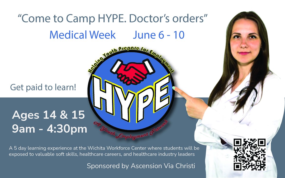 workforcecenter's tweet image. Do you want summer cash but are too young to get a summer job?

Camp HYPE is a paid workshop for 14-15 year old's!

Registration for Camp HYPE Healthcare week, sponsored by @ViaChristi is now open. The camp will be June 6-10 at the Urban League of Kansas.

@WichitaUSD259