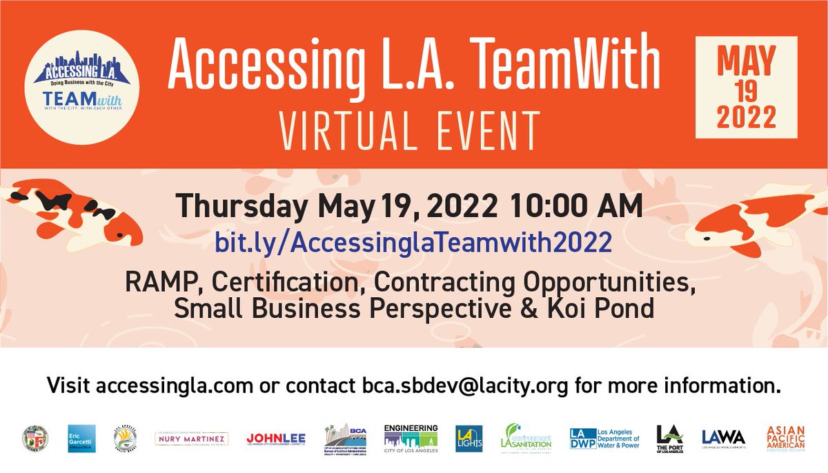 LACityDPW's tweet photo. 🗓️Join us on Thursday, May 19th at 10 a.m. for the #AccessingLA TeamWith virtual event! All #businesses are invited to learn more about public #contracting, especially with @LACity. Register here: https://t.co/BUBLL6pChj.
#APAHM #PublicWorksWeek https://t.co/CoGl8QolNT