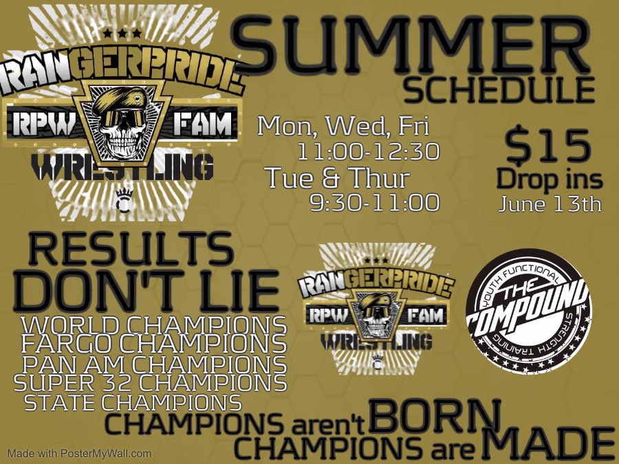 TheCompoundOG's tweet photo. This Summer! Workouts start June 13th and last all summer. Open to all wrestlers. $15 for drop ins. Spots are limited. #CompoundStrong https://t.co/Pm3sko0lrk