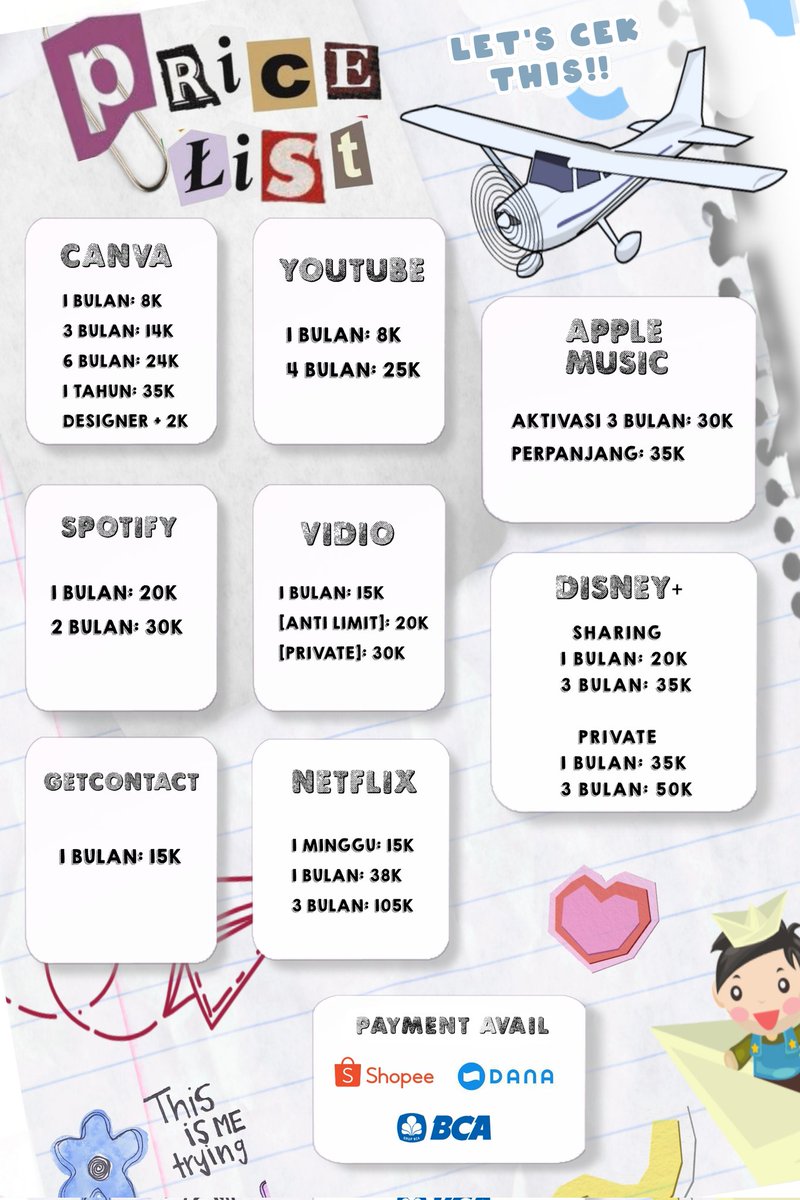 devankun_'s tweet photo. hi ⚔️ take a look to my pricelist! aku menyediakan berbagai macam media hiburan untuk kalian🤑

netflix spotify youtube premium remini grammarly viu disney canva premium
legal 100% #zonauang https://t.co/8uukgPCkV0