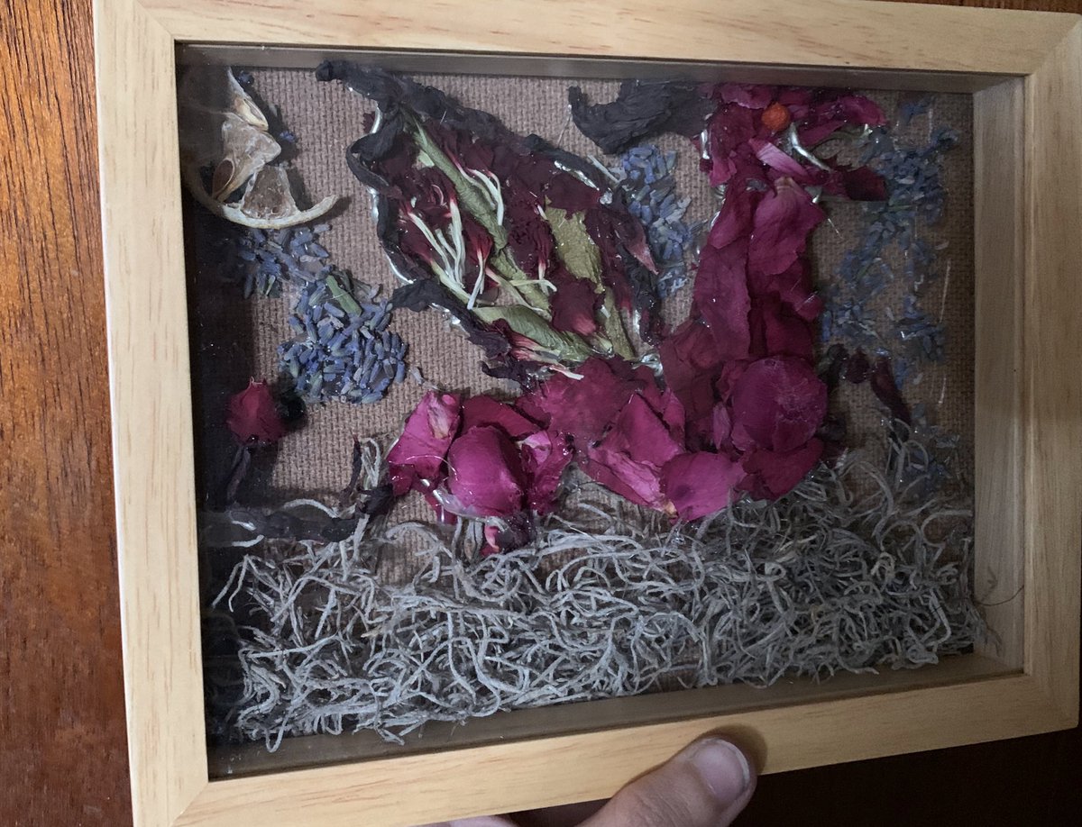 / / I have it in a shadow box ! and it’s glued too .. and I made the skeleton of it with wire too to get its figure ; 

I still have to add more lavender in the background ; and fix it up more buT-