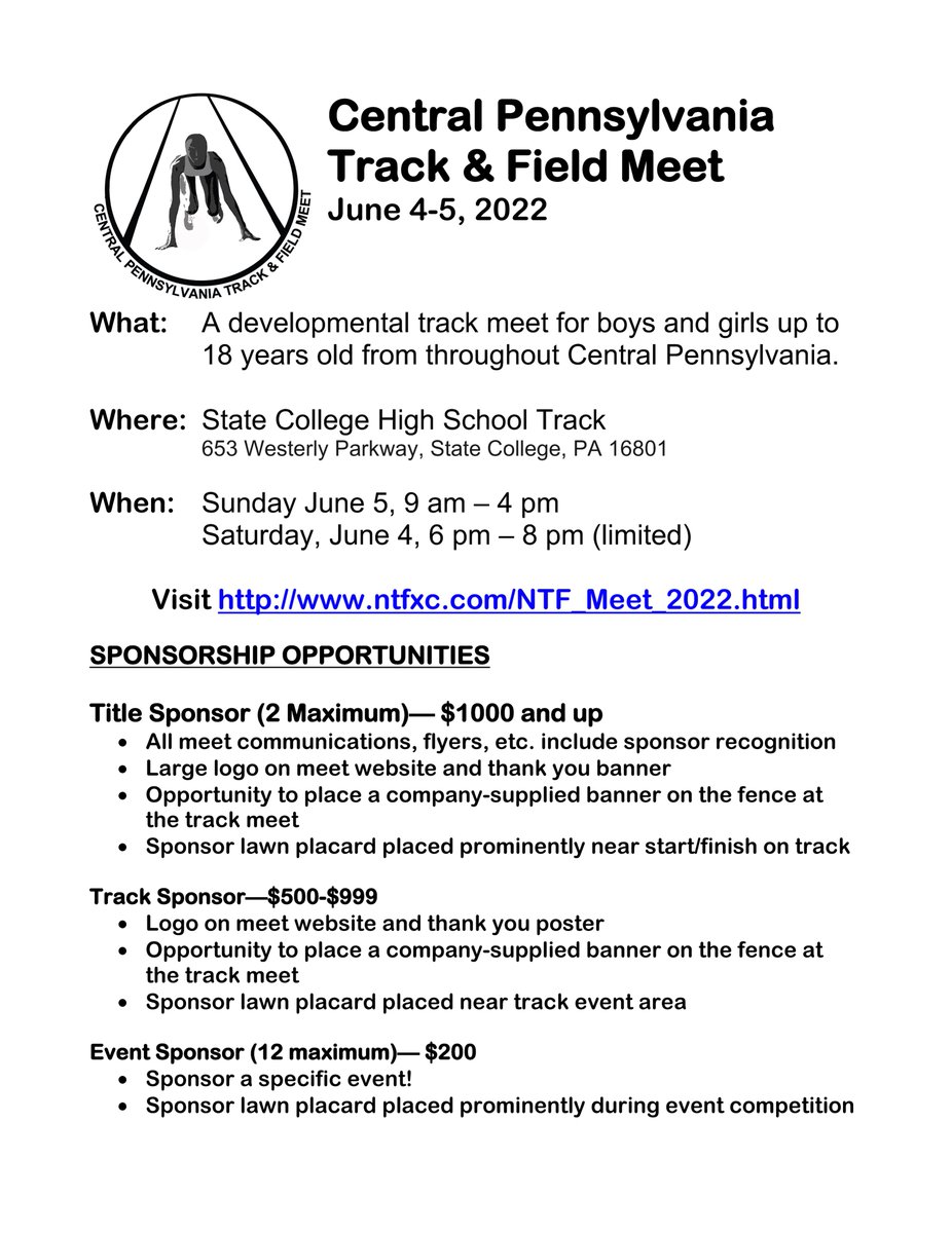 NTFXC's tweet photo. Your support is needed to make the meet a success. The proceed go to NTF's non-profit mission to support youth athletics in Central PA. https://t.co/iQaAeyllyo