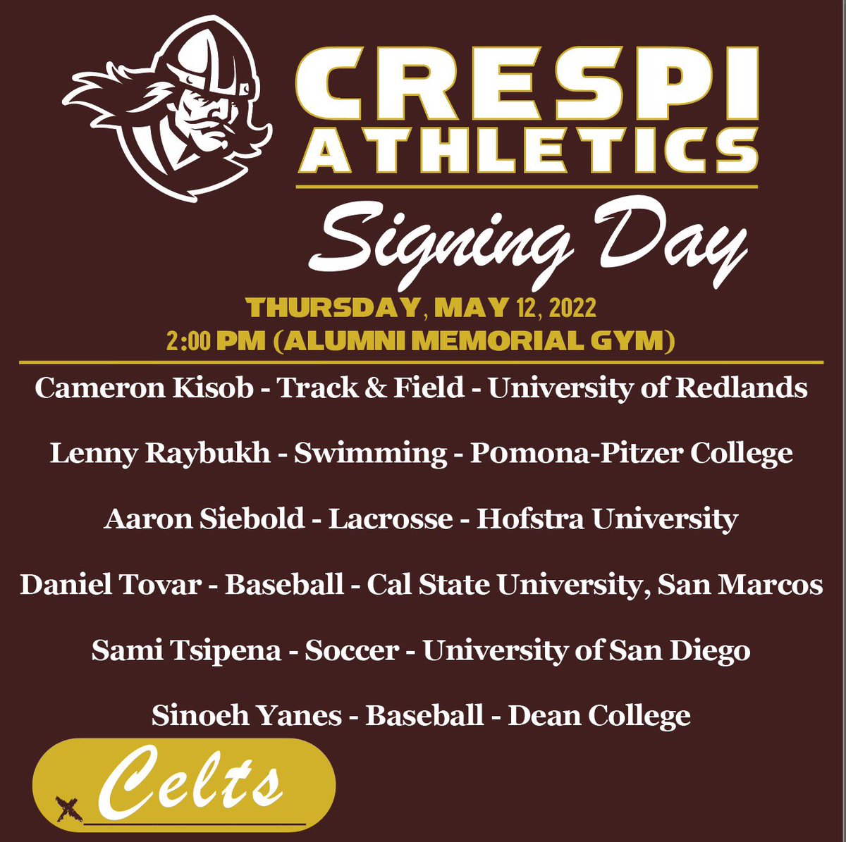 Join us this Thursday as we celebrate 18 student athletes committed to playing collegiate sports! #CeltPride