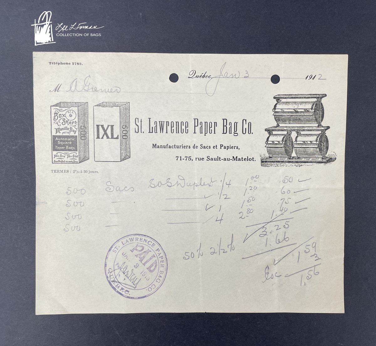 130/365: The St. Lawrence Paper Bag Co. was a bag manufacturer founded in Quebec City, Canada around 1905. This 1912 receipt features its original address on rue Sault-au-Matelot. The company would move three times within the city over the course of their history.