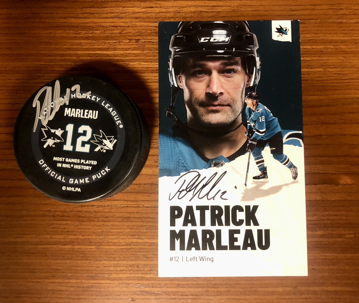 jbecher's tweet photo. 🚨🚨🚨

In honor of Patrick Marleau retiring, I'm giving away a Patrick signed puck to one random fan who responds with their favorite Marleau gif/image  #sjsharks    

(Must be a US or Canadian resident, and not a recent winner) https://t.co/HfuyZjsliK