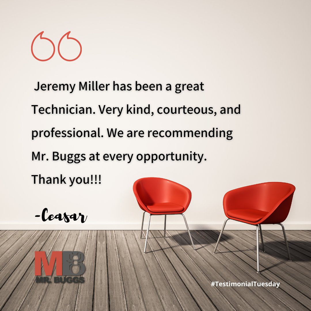 MrBuggs1's tweet photo. ⭐⭐⭐⭐⭐ Thank you for the kind words, Ceasar! We are happy to be of service to you!

#MrBuggs #pestcontrol #testimonialtuesday https://t.co/AY3Y5TSRvN