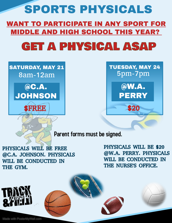WAPerryMS's tweet photo. Need a physical? Join @CAJHornets and @WAPerryMS! See the flyer for additional information. Students must bring forms signed by a parent. Get your physical out of the way now! #CAJohnsonCluster #HornetPride #EaglePride https://t.co/RapbexKmJl