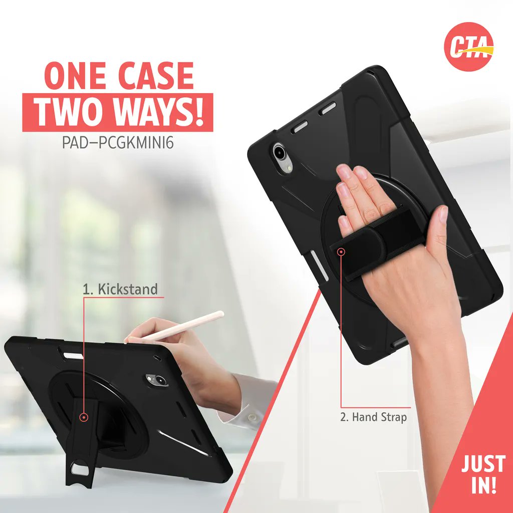 cta_digital's tweet photo. JUST IN: CTA Digital's Protective Case with Built-in 360° Rotatable Grip Kickstand for #iPadMini6 works double duty - and converts quickly from kickstand to handheld. It's ideal for all you movers and shakers out there! Let's do this. (PAD-PCGKMINI6) https://t.co/nhEypeKYzT