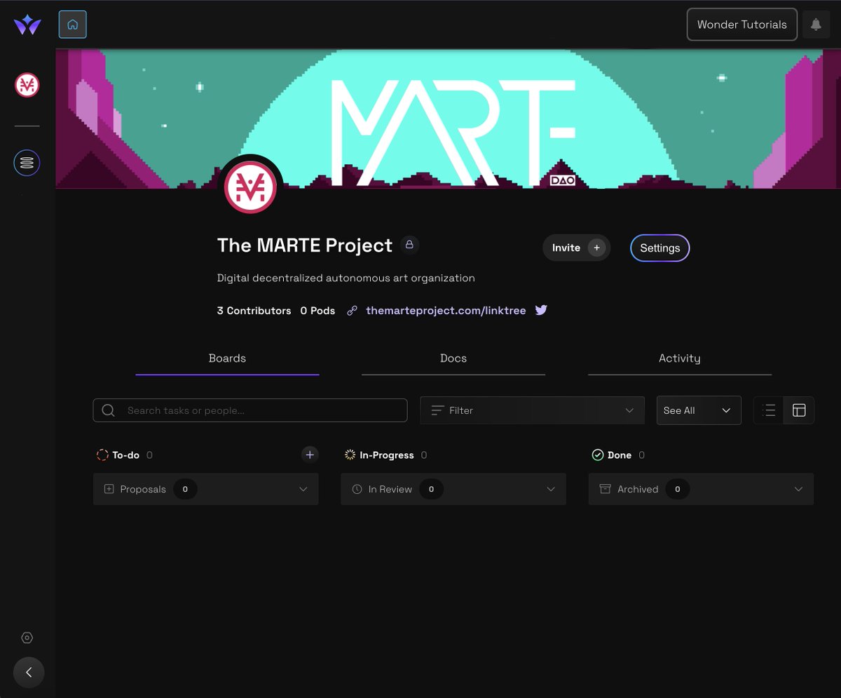 <a href="/theMARTEproject/">The MARTE Project</a> Wonder board is live and we are waiting for you to help building the project and get rewarded for that. You can register with this invitation! 👇 
app.wonderverse.xyz/invite/YTEffgj…
🥳
<a href="/wonderverse_xyz/">Wonderverse</a> #MARTEproject #MARTEtoken #DAO #NFT #NFTs #NFTCommunity