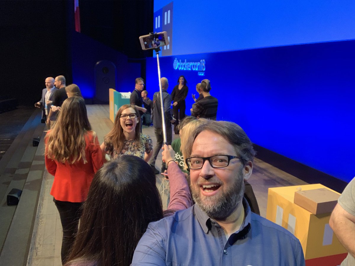 BretFisher's tweet photo. @BettyJunod @AshlynnPolini @vcoisne @rhein_wein @TechGalJenny @jpetazzo @marcosnils @mikesir87 @normalfaults @arungupta We can never post just 1/2 of the #DockerSelfie inception.

Also, @rhein_wein is an excellent photo bomber. https://t.co/tpPSZc44Xb