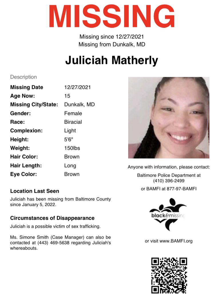 #Dunkalk, MD: 15y/o Juliciah Matherly has been missing from Baltimore County since December 27, 2021.  Juliciah is a possible victim of sex trafficking. 

#HelpUsFindJuliciah #JuliciahMatherly