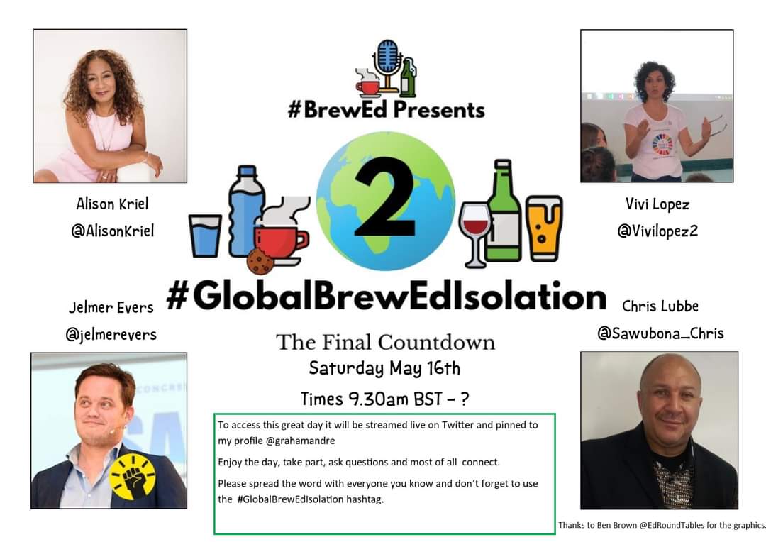 grahamandre's tweet photo. It was two years ago we did this! #globalbrewedisolation with these great people among many other @MRsalakas @JoyKirr @jelmerevers @vivilopez2 @AlisonKriel @jazampawfarr @CarrieGrant1 I wonder if people would still be interested in something like this? @MrEFinch @EdRoundtables https://t.co/kZznyTWHhK