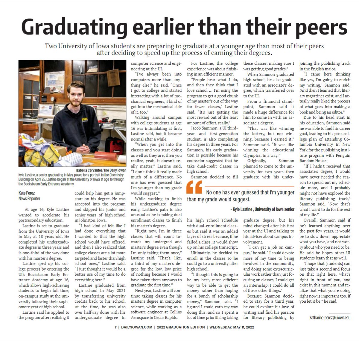 UIowaCS's tweet photo. 📣 "While working to finish his undergrad degree
early, @LastineKyle's path is also unusual as he is taking dual enrollment classes to finish his master's.
'I'm in 3 classes that will count for
my [CS&amp;E] undergrad➕MCS]." 📰 More on our prgm @ https://t.co/twJthAcQCy #UIowaGrad22 https://t.co/bLXOFDoYsx