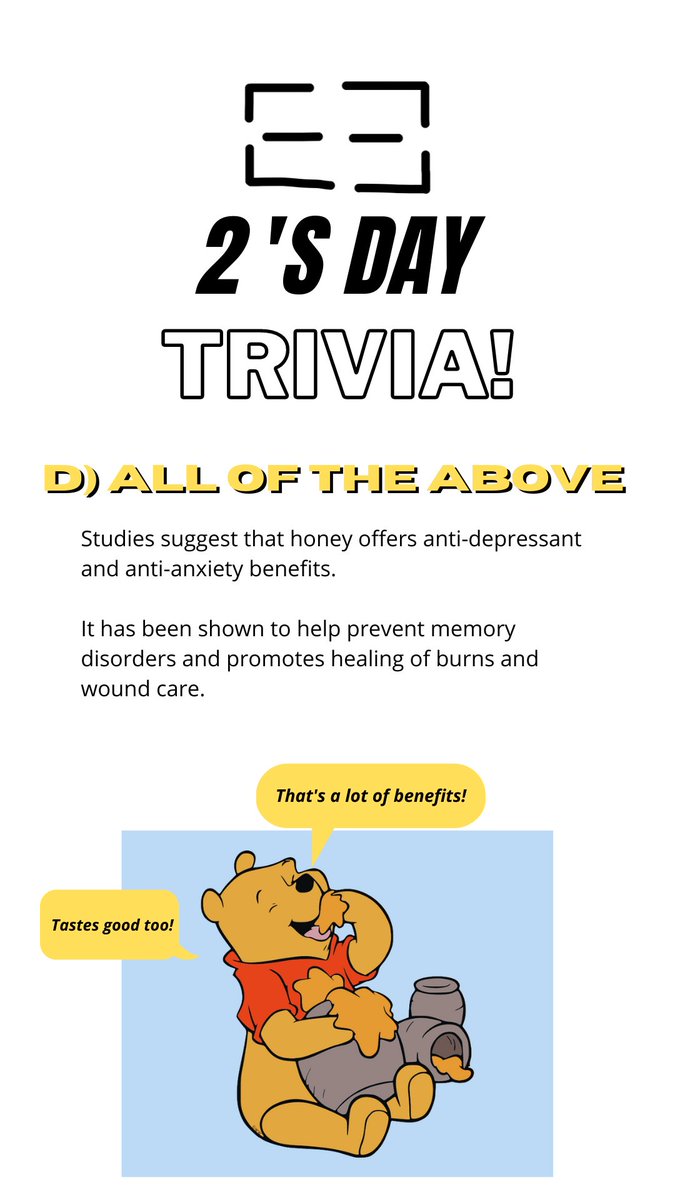 up2usfoundation's tweet photo. 2’s Day Trivia Answer: D) All of the above
Studies suggest that honey offers anti-depressant 
and anti-anxiety benefits. 

It has been shown to help prevent memory disorders and promotes healing of burns and wound care. https://t.co/uWyKsBGhAR