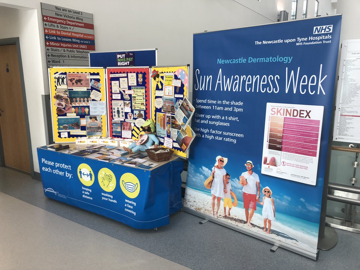 NUTHPaedDerm's tweet photo. “Fantastic response to our Dermatology #sunawareness campaign @NewcastleHosps and @GreatNorthCH qColleagues, patients and visitors alike stopping by for advice, tips and samples to help look after their skin in the sun ☀️” @lynzed10 &amp;co have been flying the flag for #teamderm https://t.co/jQNsox1zI7