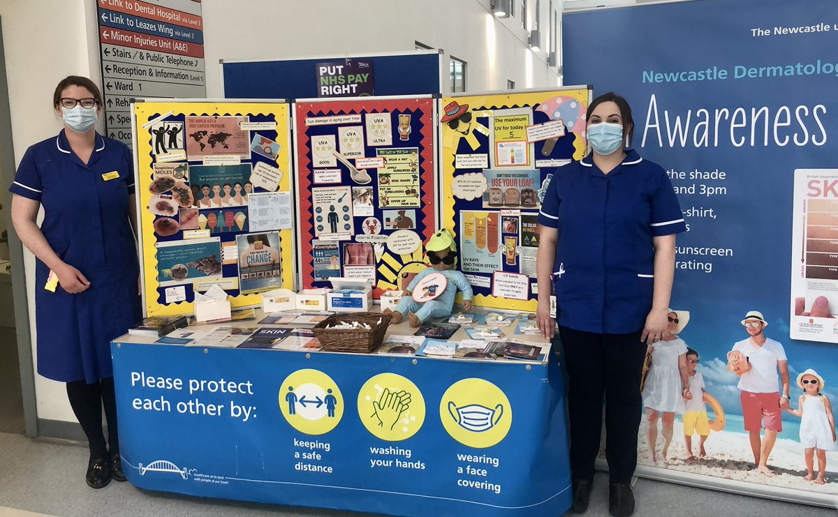 NUTHPaedDerm's tweet photo. “Fantastic response to our Dermatology #sunawareness campaign @NewcastleHosps and @GreatNorthCH qColleagues, patients and visitors alike stopping by for advice, tips and samples to help look after their skin in the sun ☀️” @lynzed10 &amp;co have been flying the flag for #teamderm https://t.co/jQNsox1zI7