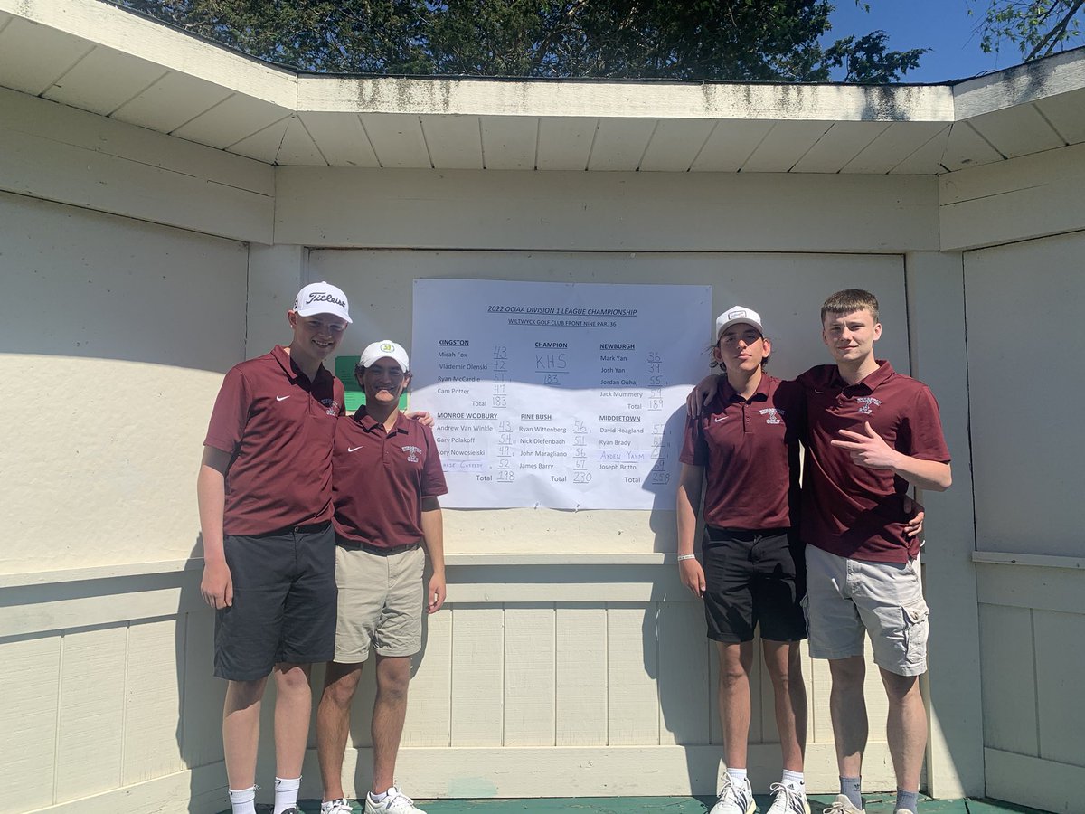KHSTigerNation's tweet photo. 🐯 Kingston wins 2022 OCIAA Division League Championship 🐯 

🏌️‍♂️ Vlad Olenski 42 
🏌️‍♂️ Micah Fox 43 
🏌️‍♂️ Cam Potter 47
🏌️‍♂️ Ryan McCardle 51 

@OCIAASports 
#TigerPride https://t.co/uMkIyzoerG