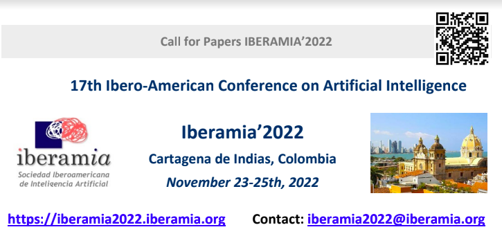 IBERAMIA 2022:  CALL FOR PAPERS  

IMPORTANT DATES               
Paper submission deadline: May 29th, 2022  
Notification: July 17th, 2022  
Camera ready papers: August 7st, 2022  
Conference dates: November 23-25th, 2022

#ArtificialIntelligence #machinelearning #iberamia22