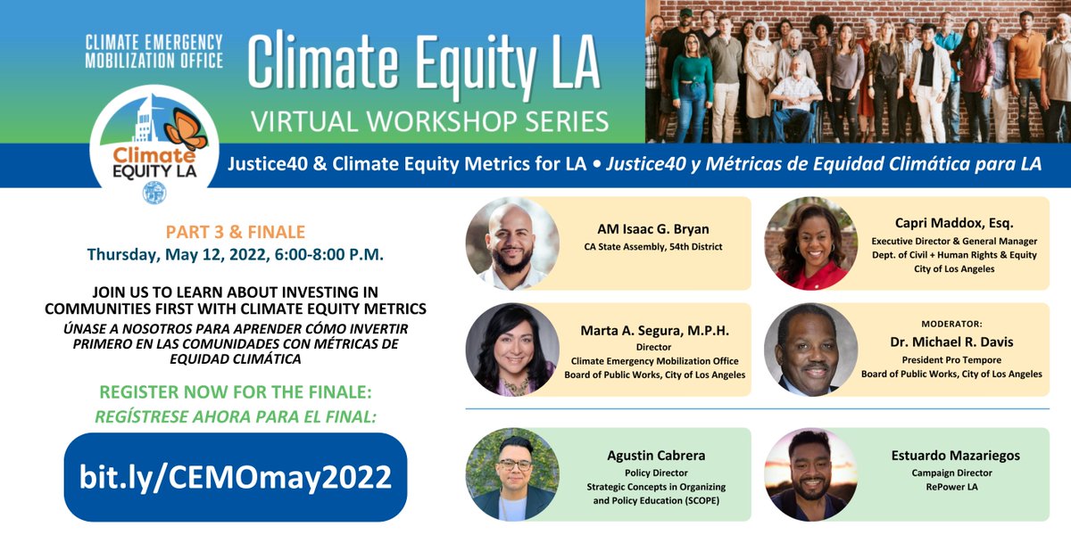 Join us for the Finale of the inaugural #ClimateEquityLA Series on Justice40 & Climate Equity Metrics for LA! bit.ly/CELA-Part3Flyer ✅
🗓 Thursday May 12, 6-8 PM
🔗 Register here: bit.ly/CEMOmay2022 ✅