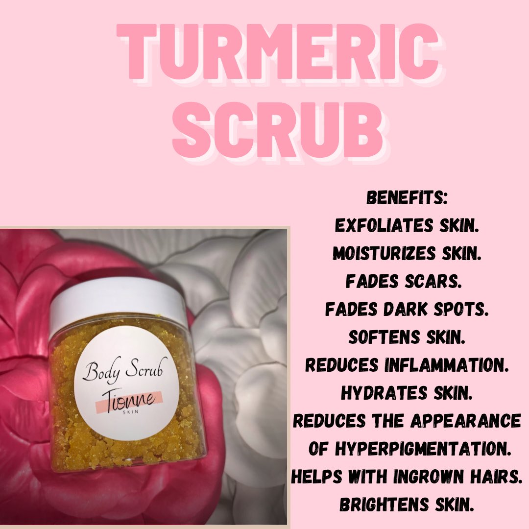 tionneskin's tweet photo. Do you need a skincare product for ingrown hairs, scars, dark spots and hyperpigmentation? 

My Turmeric Scrub brightens skin, exfoliates skin, adds glow to skin, fades scars and dark spots, reduces hyperpigmentation, softens skin, moisturizes skin and more

Use it 2-3X a week https://t.co/XM7TbjhafF