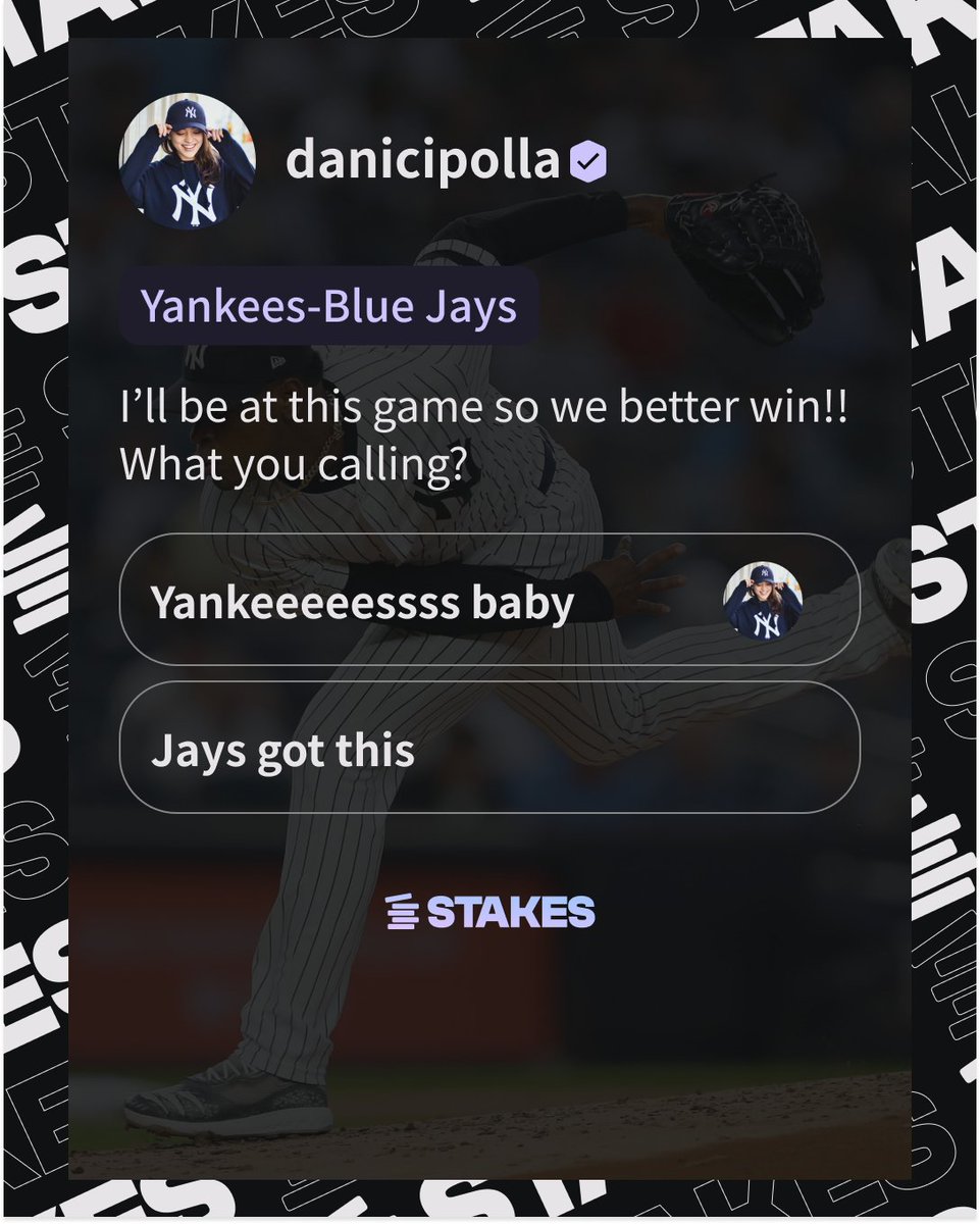 playwithstakes's tweet photo. Yankees-Blue Jays first pitch is in an hour! Predict whether the Bombers get the win for @Danicipolla with Severino on the bump and come #playwithstakes https://t.co/UyQ341MfaJ https://t.co/rnsNQ04tGt