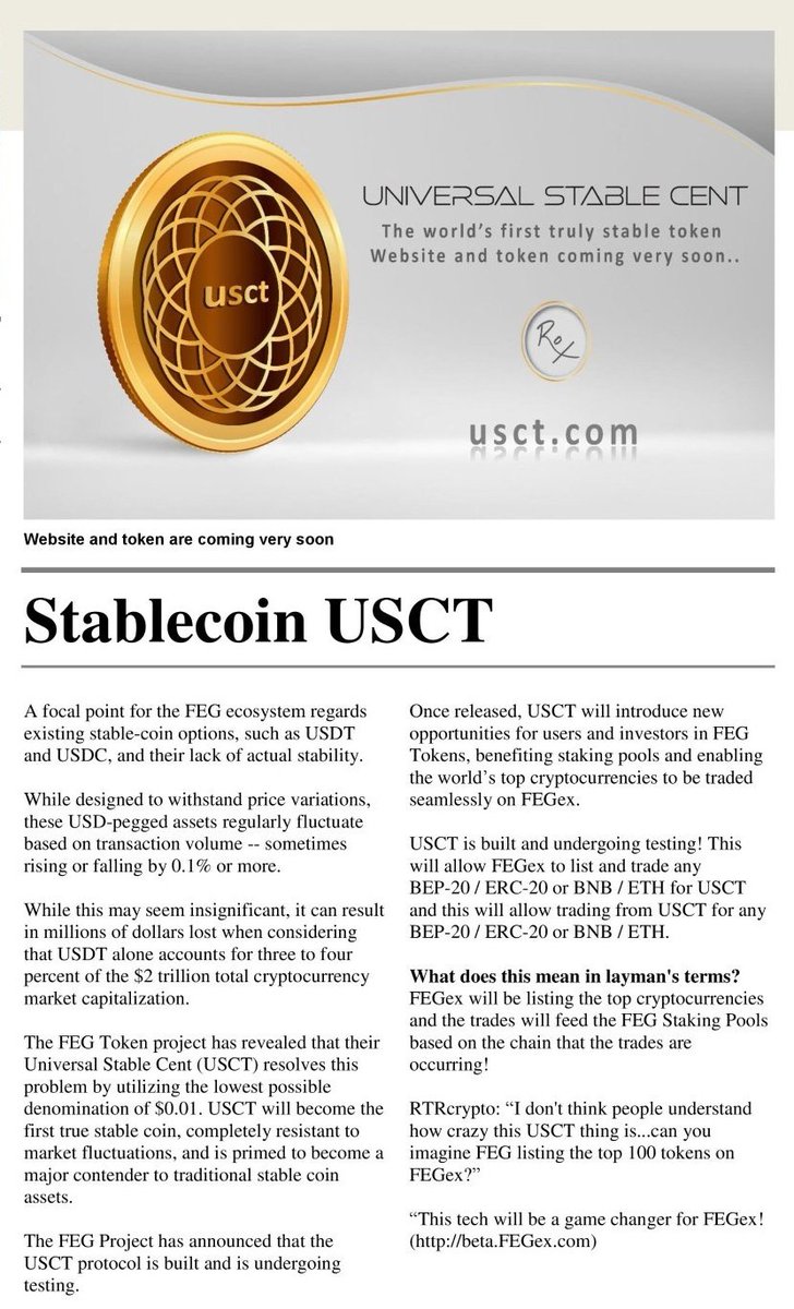 TheFirstBSC's tweet photo. @binance @Binance. @FEGtoken has revealed that their Universal Stable Cent (#USCT) uses the lowest possible value of $0.01❣️

#FEG will come with the first true stable coin, completely resistant to market fluctuations and is primed to become a major contender to traditional stable coins🤯 https://t.co/mpxBrI23zz