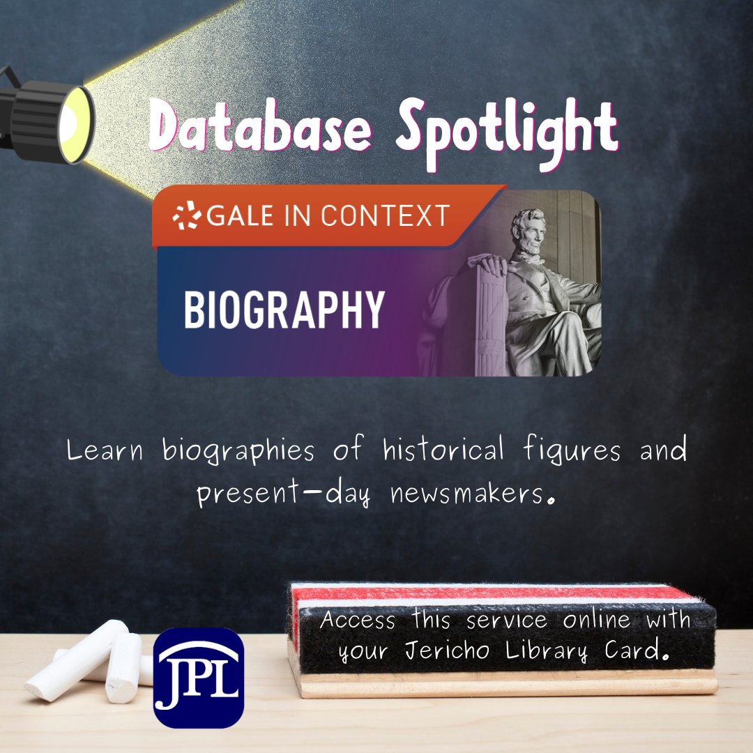 Jericho_library's tweet photo. Each week we are showcasing one of our databases available to Jericho Cardholders. Explore what this week's is....
https://t.co/MJIDIsjKjY
#JerichoLibrary #JerichoPublicLibrary #JPLDatabases https://t.co/fiKvSKAgGN