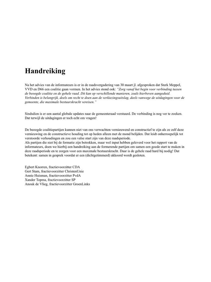 Vandaag samen met <a href="/SPmeppel/">SP Meppel</a>, <a href="/PvdAMeppel/">PvdAMeppel</a>, <a href="/GLMeppel/">GroenLinks Meppel</a>, en <a href="/CUMeppel/">ChristenUnie Meppel</a> een handreiking gedaan naar de formerende partijen @SterkMeppel, <a href="/VVDMeppel/">VVD Meppel</a>  en <a href="/d66meppel/">D66 Meppel</a>. Goed voorbeeld doet goed volgen!