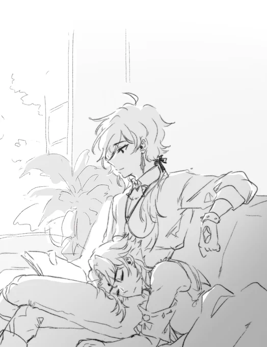 Light sketch after doing my assignment,, Just sleepy Xiao and Kaeya. Haven't played him in a while. Xiao deserves nice warm naps 