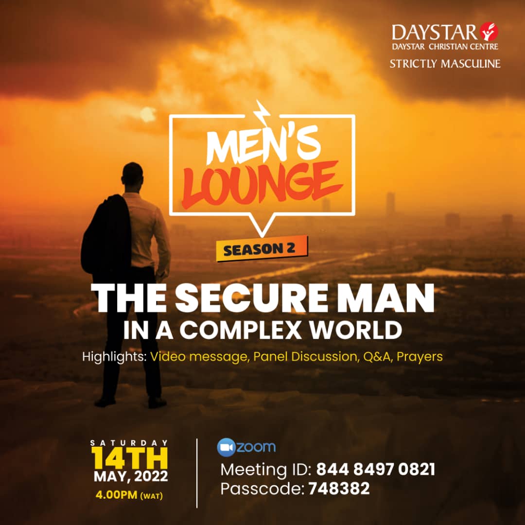 DaystarNG's tweet photo. We will be discussing trending issues at the second edition of the men's lounge; it is virtual, so you can be anywhere and still be a part of this.
Time: 4:00 PM (WAT)
Date: Saturday, 14th May 2022
Zoom ID: 844 8494 0821
PassCode: 748382
#Mensprogram
#strictlymasculine https://t.co/pN6u9lBo8g