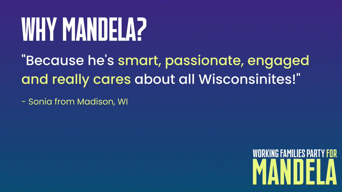 wiworkingfam's tweet photo. Why Mandela? Here's what Sonia from Madison, WI has to say!
Tell us why you're ready for @TheOtherMandela / @MandelaForWI with @WorkingFamilies at https://t.co/NBDObOx8Mv today!
#WFPforMandela #RunMandelaRun #WhyMandela https://t.co/MWa7cdh7iO
