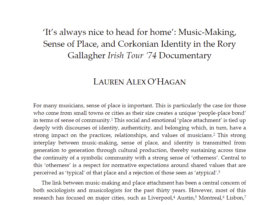 laurenohagan91's tweet photo. So delighted to have yet another academic article published on my hero @rorygallagher. This time about Irish Tour '74, sense of place and Corkonian identity. Thank you @JSMI_Tweet for such a smooth and enjoyable process 🙂Click here to read more:
https://t.co/YhXJcq2yAb https://t.co/MdHBXXNOgT