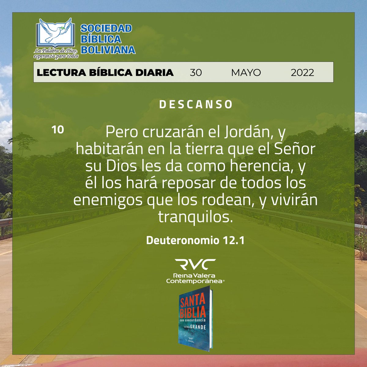 𝔻𝔼𝕊ℂ𝔸ℕ𝕊𝕆  
  
...y él los hará reposar de todos los enemigos que los rodean, y vivirán tranquilos. (10)  
Deuteronomio 12.1-10  
  
ıllıllı LECTURA BIBLICA DIARIA ıllıllı  
𝔖𝔬𝔠𝔦𝔢𝔡𝔞𝔡 𝔅í𝔟𝔩𝔦𝔠𝔞 𝔅𝔬𝔩𝔦𝔳𝔦𝔞𝔫𝔞