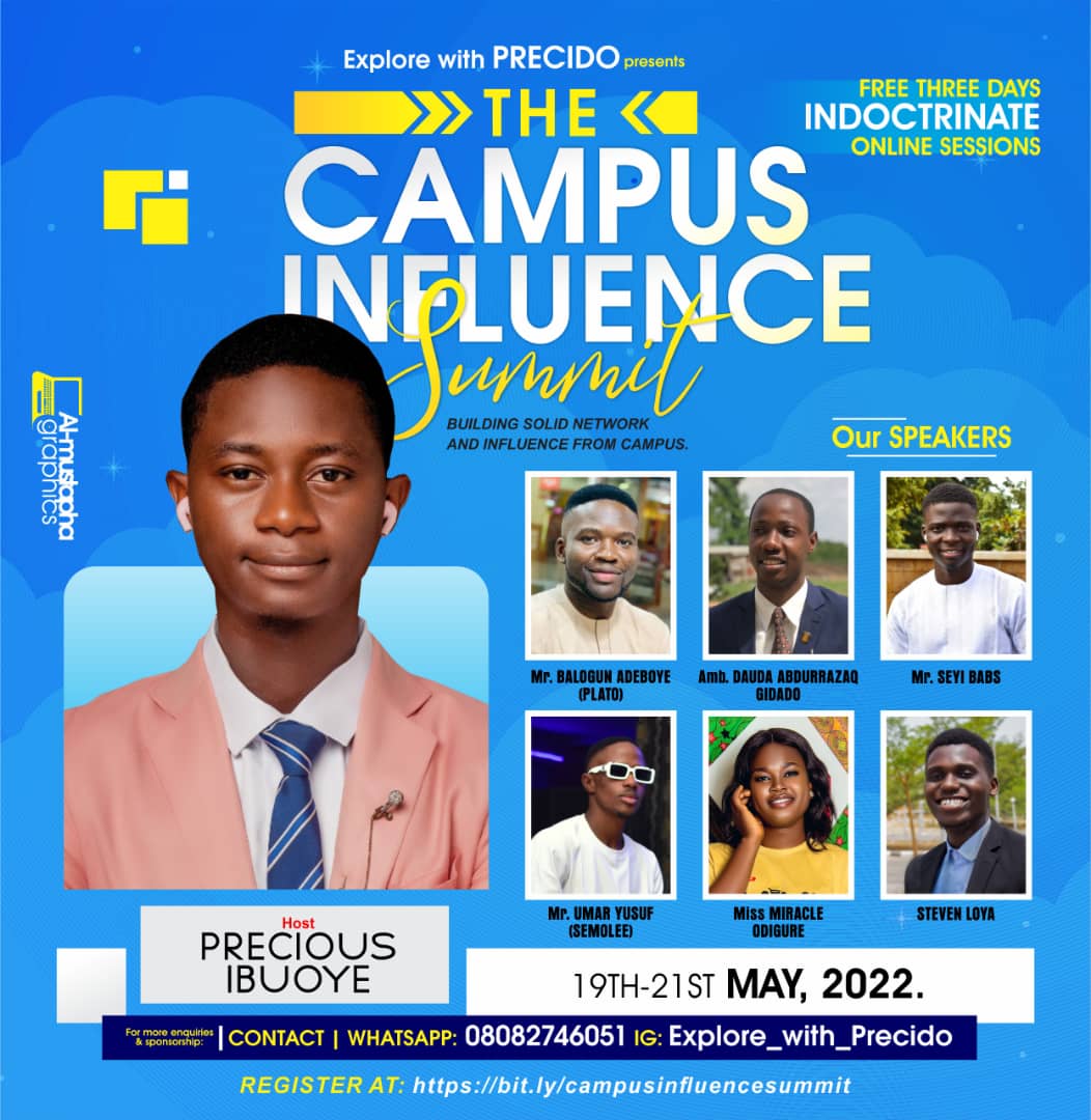 ilemona_solomon's tweet photo. The flyer talks about a virtual convergence aimed at building student influencers in thier respective institutions with our distinguished speakers from different States, as they'll be dishing out massive values in various delicacies.

https://t.co/3EVBLOprkk
#CIS https://t.co/ae8o26VSvH