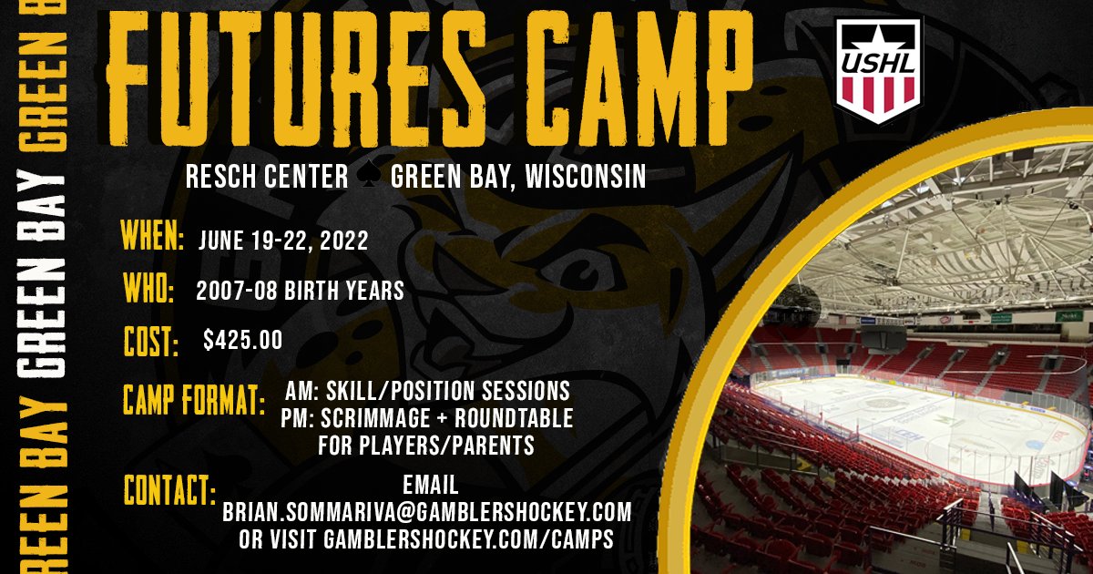 Limited space remains for the Gamblers 2022 Futures Camp!
The Gamblers invite players born in 2007 and 2008 to attend their Futures/Development Camp, June 19–22 at the Resch Center in Green Bay. Space is limited. Follow the link below to register.
🔗: gamblershockey.com/camps/futures-…