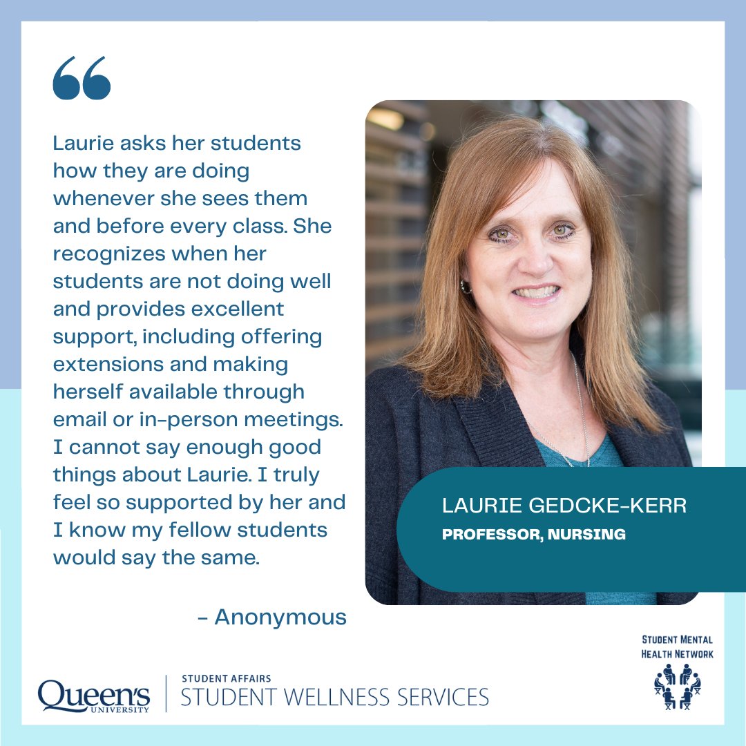 Twice nominated Superstar Champion for Mental Health, Laurie Gedcke-Kerr. Thank you for all that you do to support student mental health and wellbeing. Click the link in the bio to hear what this Queen's community member has to say about student mental health. #queensu