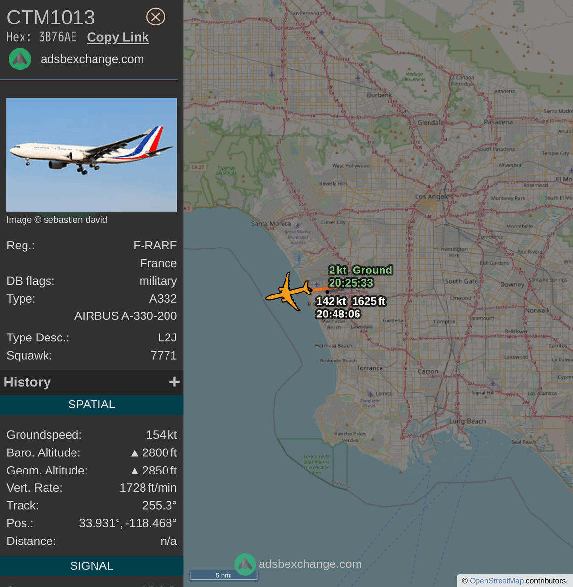 FlottePresident's tweet photo. Un Airbus A330-200 🇫🇷 République Française 🇫🇷 vient de décoller près de Los Angeles, États-Unis. 
Vol #CTM1013, immatriculation #FRARF.
Suivre le vol : https://t.co/NIcPZJFSDV https://t.co/E3Ecwr4E51
