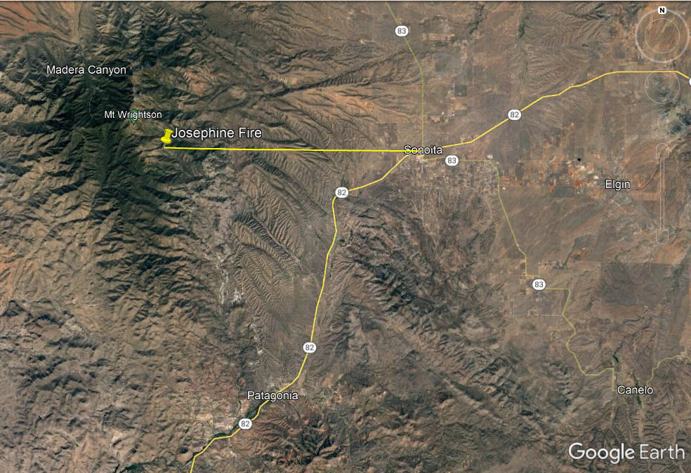 thesnowbirds's tweet photo. #JosephineFire appears to be in Mr. Wrightson Wilderness Area 1.6 mi. SE from Mt. Wrightson itself. Elev. of fire appears to be ~ 6850 ft. in rugged terrain. Dispatch named incident for nearby Josephine Peak. #AZFire As of 2:30 PM, there is no Inciweb page. Use Twitter hashtag. https://t.co/F53cVJkznU