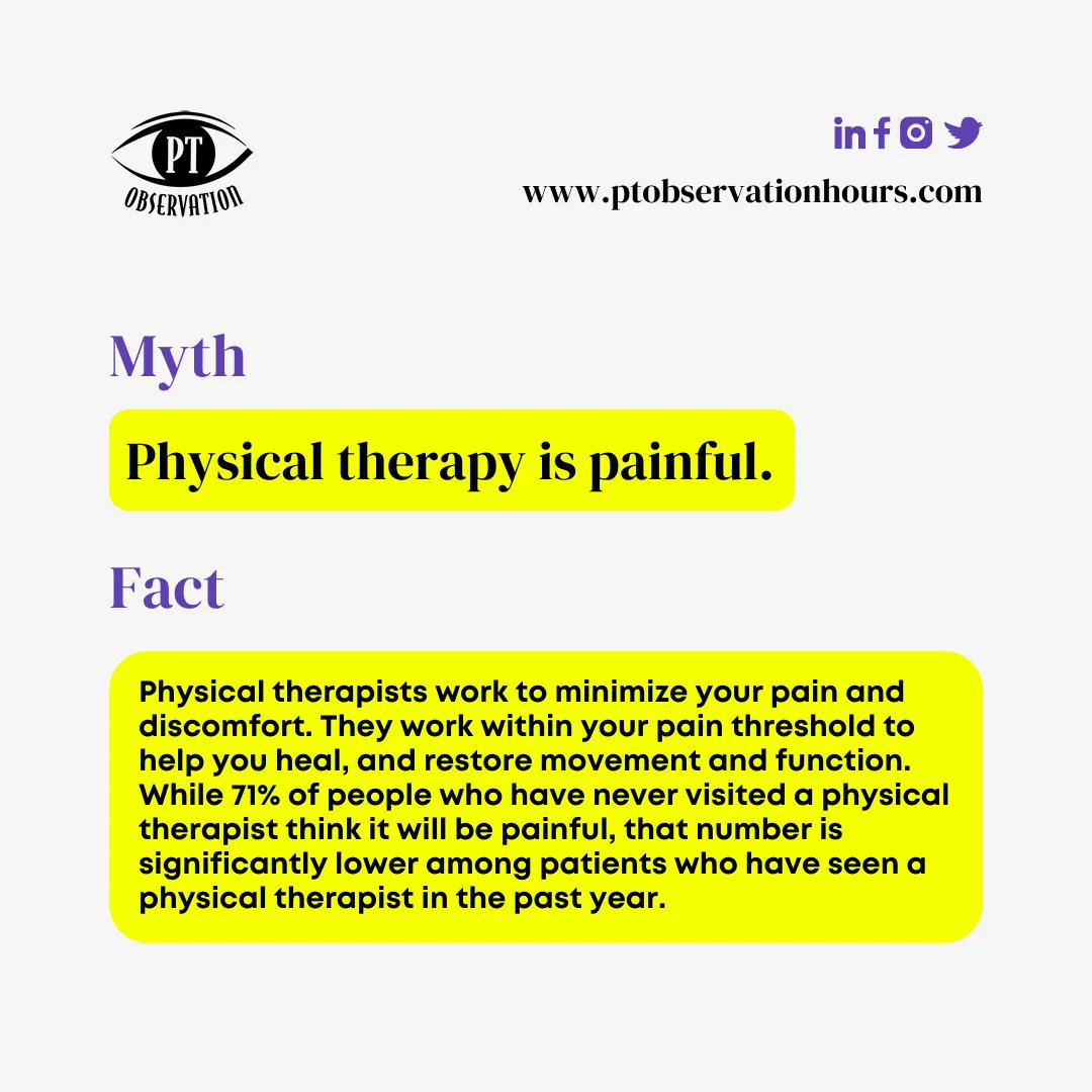 PTobservation's tweet photo. Let's debunk myths about physical therapy, starting with a common one, "Physical therapy is painful". PT Observation Hours
#ptobservation #physicaltherapy #physicaltherapyobservation #pt https://t.co/K4qStj80nB