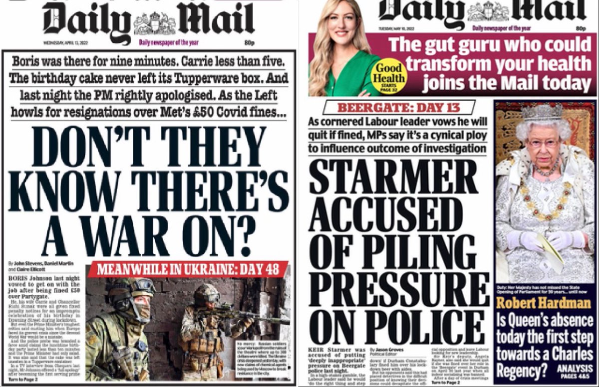 @DPJHodges Weird how the Mail viewed Johnson's law-breaking as a distraction from the war, but Starmer's late Deliveroo worthy of two weeks of headlines... don't you think?