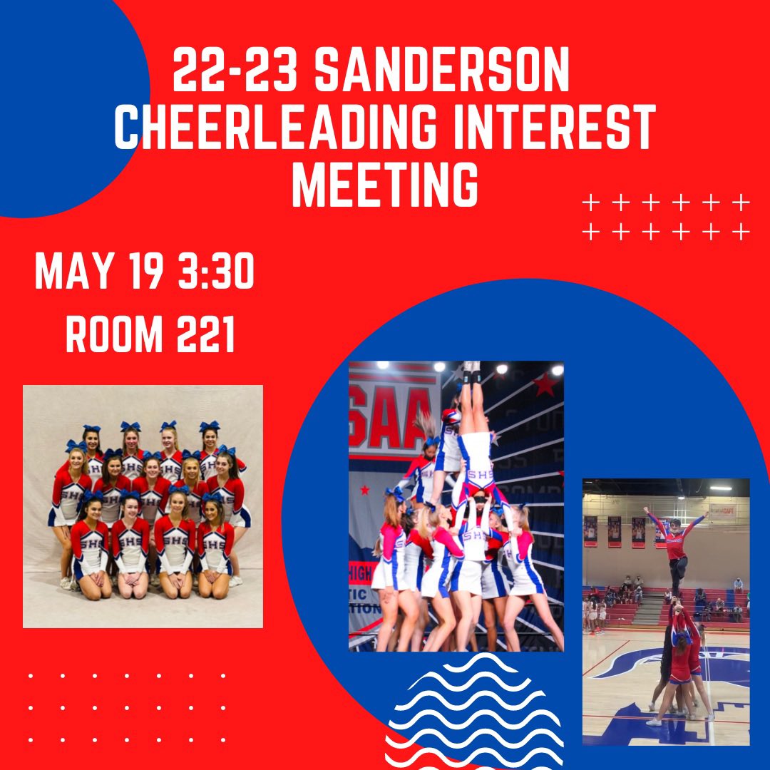 cheer_SHS_'s tweet photo. ATTENTION anyone interested in
trying out for Sanderson Cheer (including rising freshman)! There will be an interest meeting on May 19.  We will go over tryout and summer workout dates and information about the upcoming season! #spreadtheword https://t.co/2pb8piy7lN