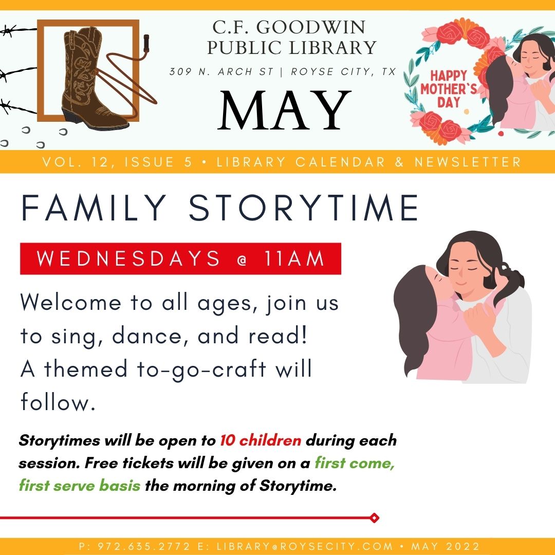 A reminder of this week's activities! We have Family Storytime on Wed and Garden &amp; Book Club on Sat. Please note the fixed address on Garden &amp; Book Club! We're meeting at the Splash Park located past Smoke Sessions Barbecue. The address is 40 W Main St, Royse City, TX 75189.