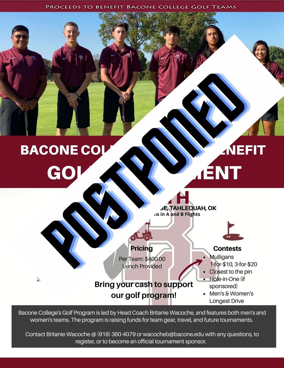 Bacone College golf coach Britanie Wacoche wants to thank you for your support in joining our benefit golf tournament on May 28th. 

Unfortunately, due to lack of interest and teams we will have to postpone the tournament at this time.
#baconewarriors #warriorpride #baconegolf