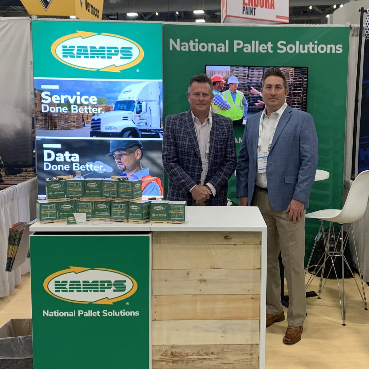 KampsPallets's tweet photo. Team Kamps is having a wonderful opening day at @Waste_Expo 

As the national leaders in pallet recycling solutions, we are thrilled to be sharing the value and benefits of an optimized pallet program with all #WasteExpo attendees. https://t.co/cfS9BnKi9j