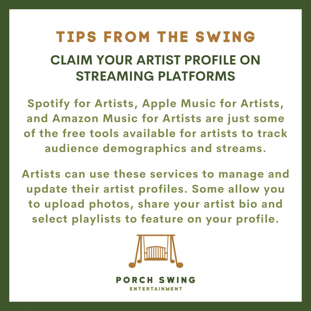 porchswingent's tweet photo. Take advantage of the information and analytics made available to you within your artist profiles on streaming services.
#TipsFromTheSwing
#TipTuesday
#MusicBusinessTips https://t.co/BxxOjg7zbD