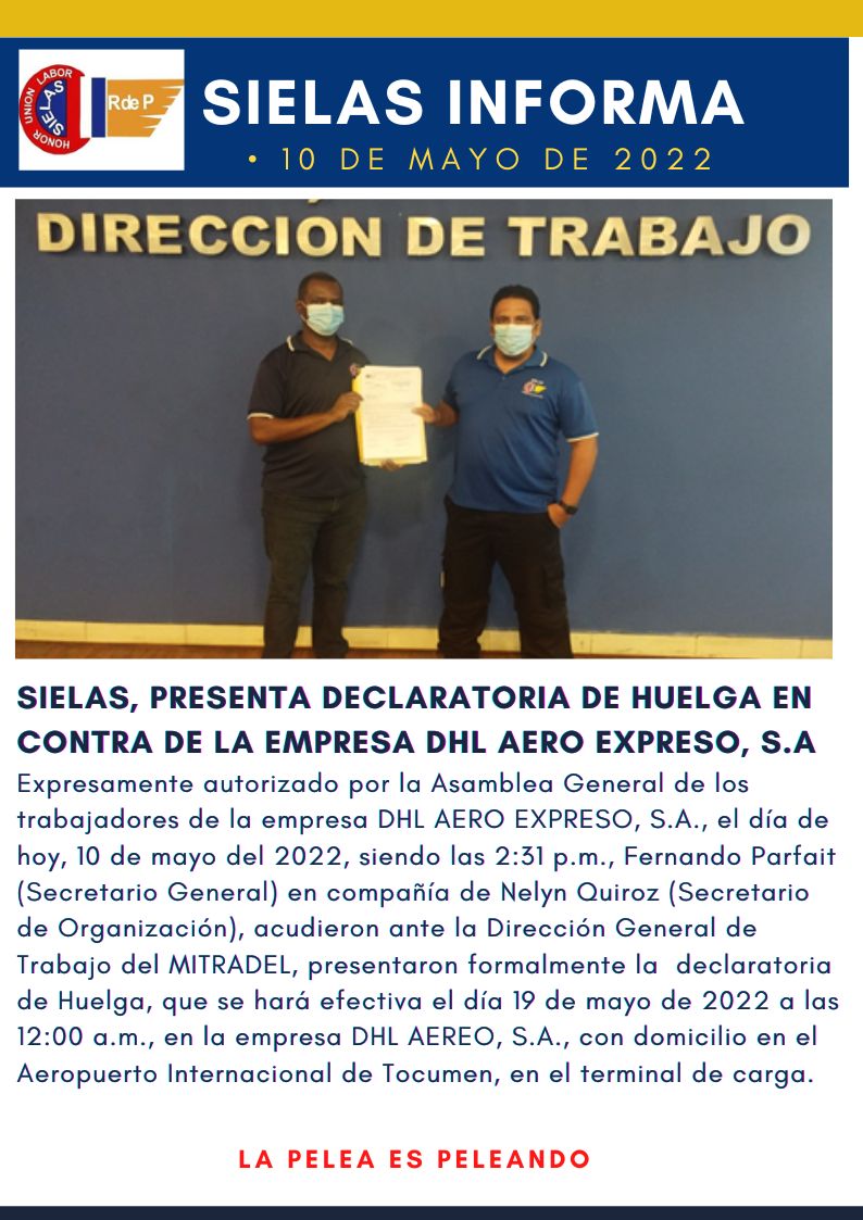 SIELAS_PANAMA's tweet photo. #SIELAS |
Hemos presentado en @MitradelPma la declaratoria de huelga en la empresa DHL AERO EXPRESO S.A
ALERTA a todos los compañeros y compañeras para la lucha https://t.co/GCtKXm1JgC