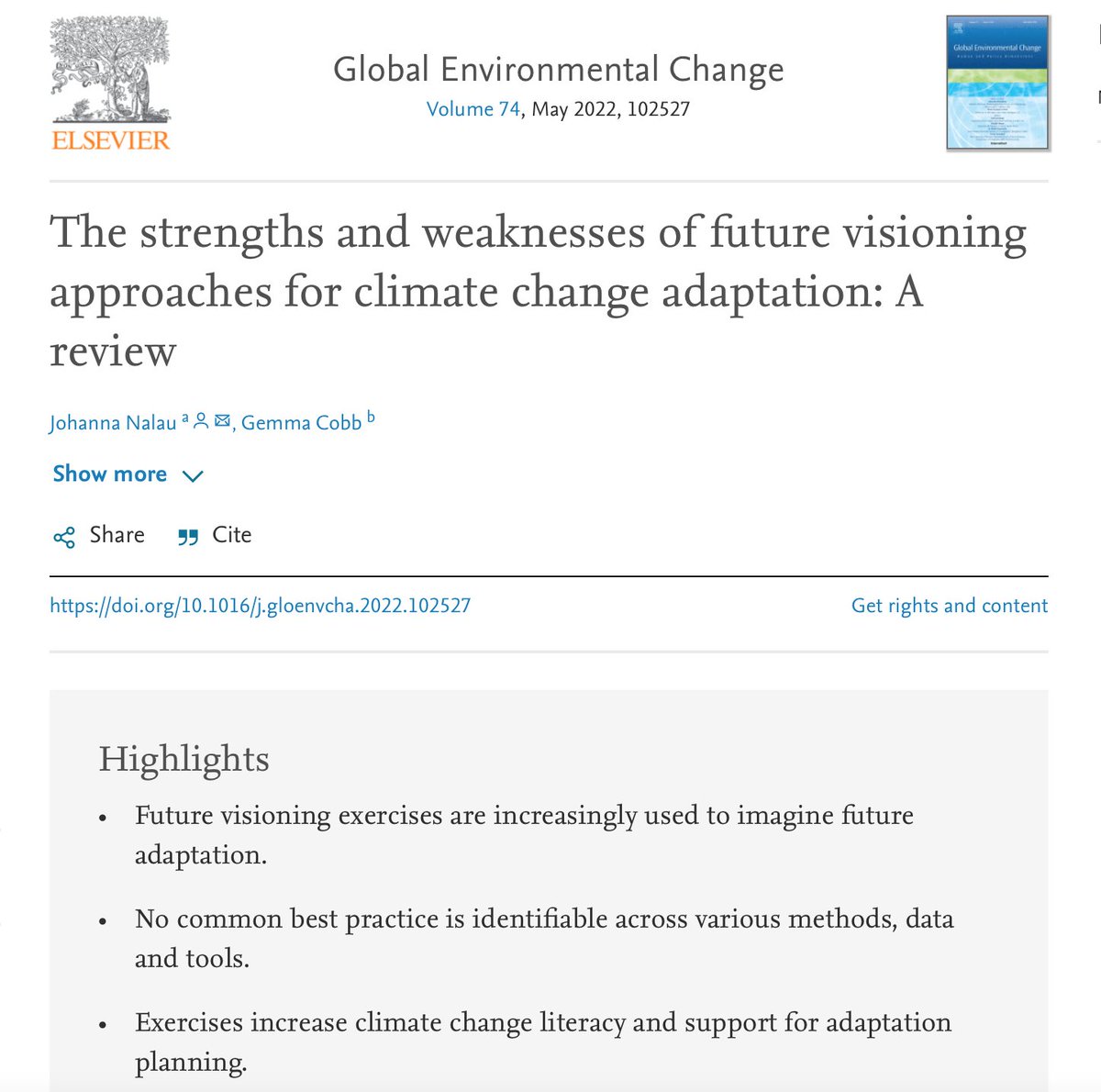 AProfJNalau's tweet photo. Out today: our paper with @g3mthew0rm on #futurevisioning and how these exercises are used in #climateadaptation. We found increases in #adaptationliteracy but methodological disarray. Direct access https://t.co/qNNzL4Y4dl @Griffith_Uni @AdaptXChange @GEC_Journal. #climatechange https://t.co/DRDIIurk2m
