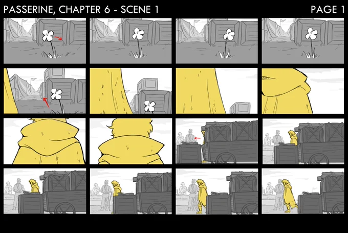 here are the finished boards for the beginning scene of chapter 6  #passerine :] 