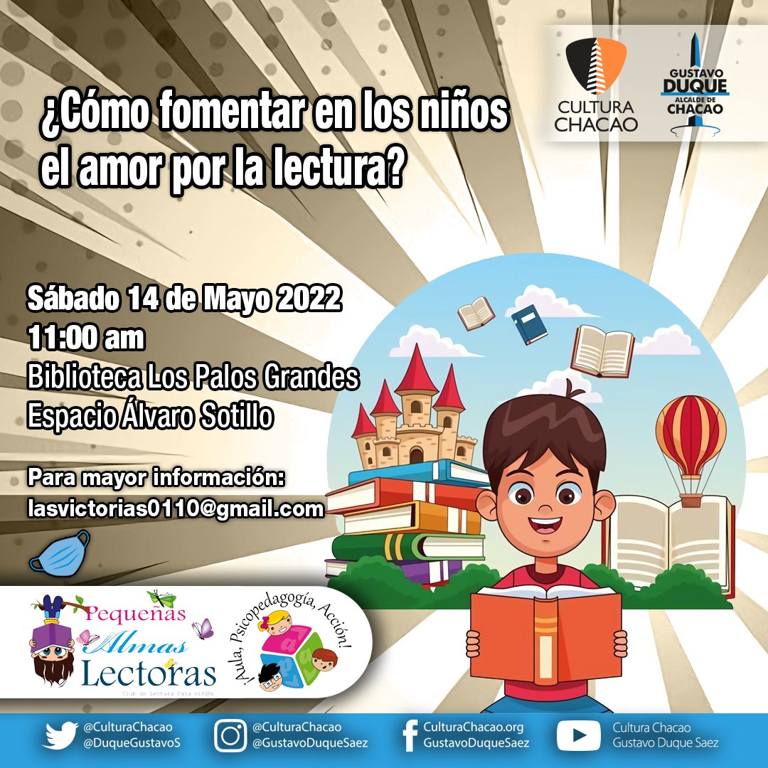 ¿Cómo fomentar en los niños el amor por la lectura? El 14 de mayo habrá un conversatorio sobre el tema en la biblioteca de Los Palos Grandes, en el municipio Chacao del estado Miranda.

<a href="/Chacao/">Alcaldía de Chacao</a> <a href="/duquegustavoS/">Gustavo Duque Sáez</a>
